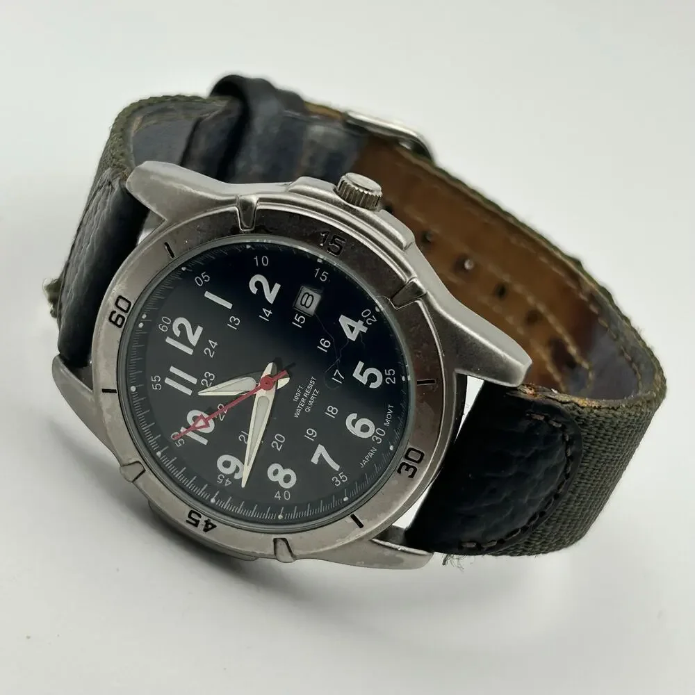 Puritan Field Men's Watch Black Dial Green Fabric Band Working New Battery